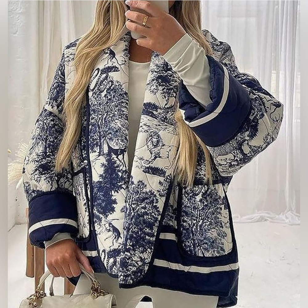 Printed Quilted Shawl Collar Jacket - Navy & White